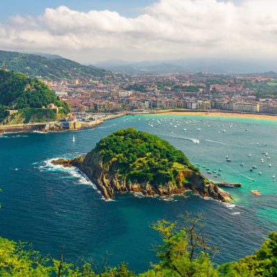 Aerial view of turquoise bay of San Sebastian or Donostia with beach La Concha, Basque country, Spain Aerial view of turquoise bay of San Sebastian or Donostia with beach La Concha in a beautiful summer day, Basque country, Spain